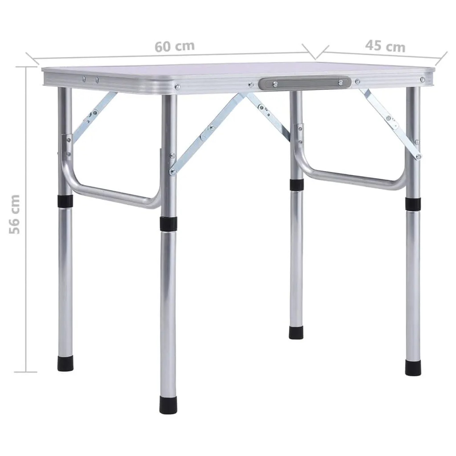 Weißer, klappbarer Campingtisch (60x45 cm) aus Aluminium, ideal für Outdoor-Aktivitäten.