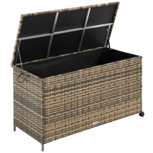 Geöffnete Tectake Auflagenbox Kuusamo (253 L) aus Polyrattan mit Rollen und Aluminiumgestell.