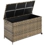 Geöffnete Tectake Auflagenbox Kuusamo (253 L) aus Polyrattan mit Rollen und Aluminiumgestell.