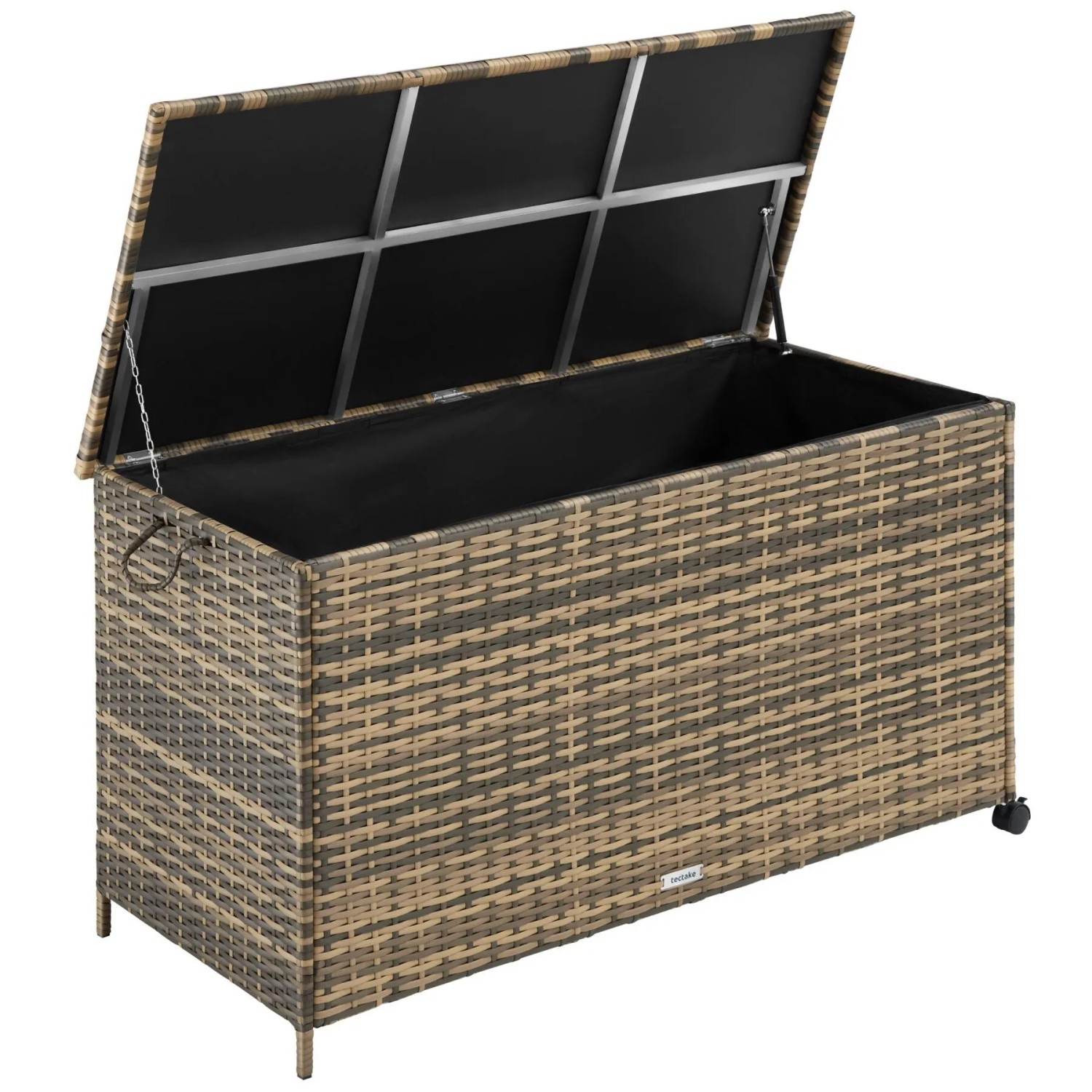 Tectake Auflagenbox Kuusamo 253 L  Mit Aluminiumgestell und Rattangeflecht Griffschlaufe und 2 Drehbare Rollen Mit Feststellbremse  116 x 54 x 64 cm N