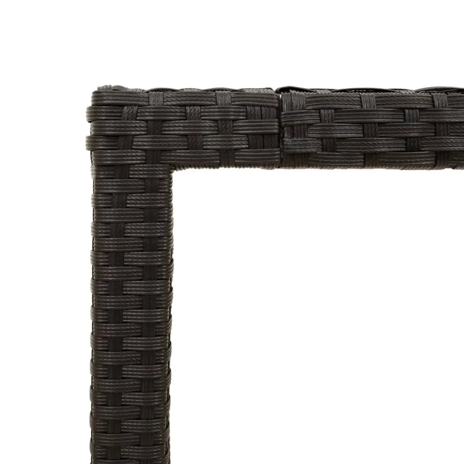 Detailansicht Gartentisch: Schwarzes Poly Rattan Geflecht und Tischkante.
