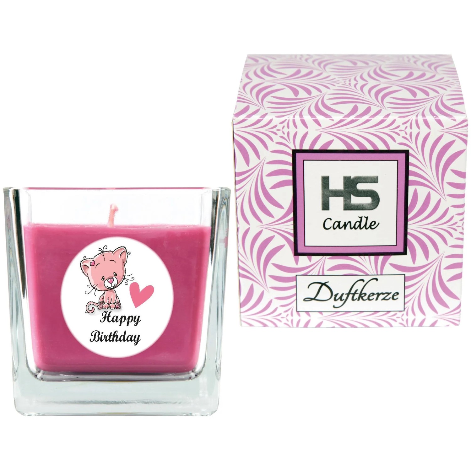 HS Candle Duftkerze Happy Birthday mit Lavendelduft und Katzenmotiv im Glas.