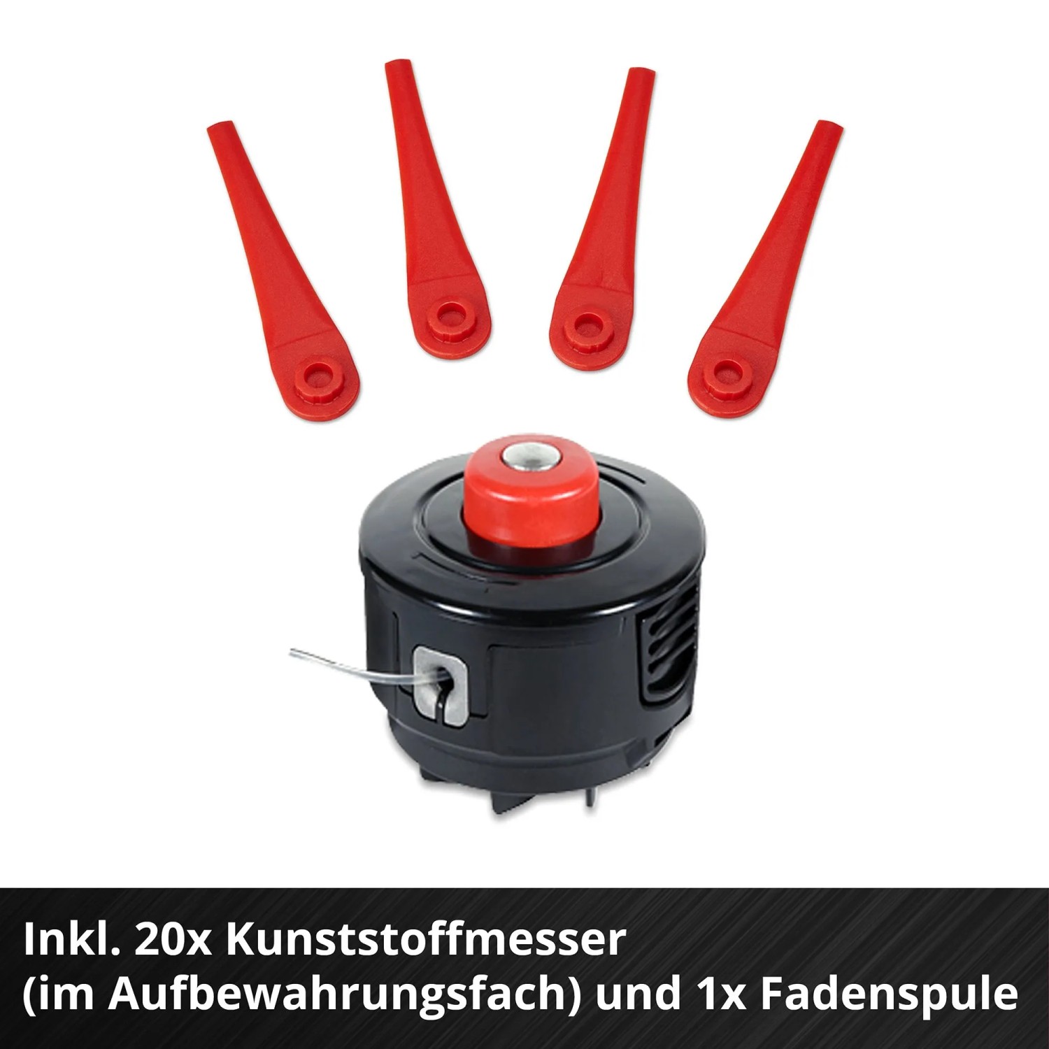Zubehör für Einhell Akku-Rasentrimmer: Fadenkopf und 20 Kunststoffmesser.