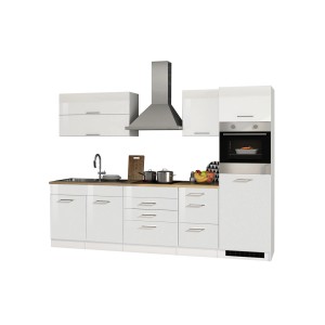 Moderne, weiße Hochglanz Küchenzeile Mailand 290 cm mit E-Geräten und Dunstabzugshaube.