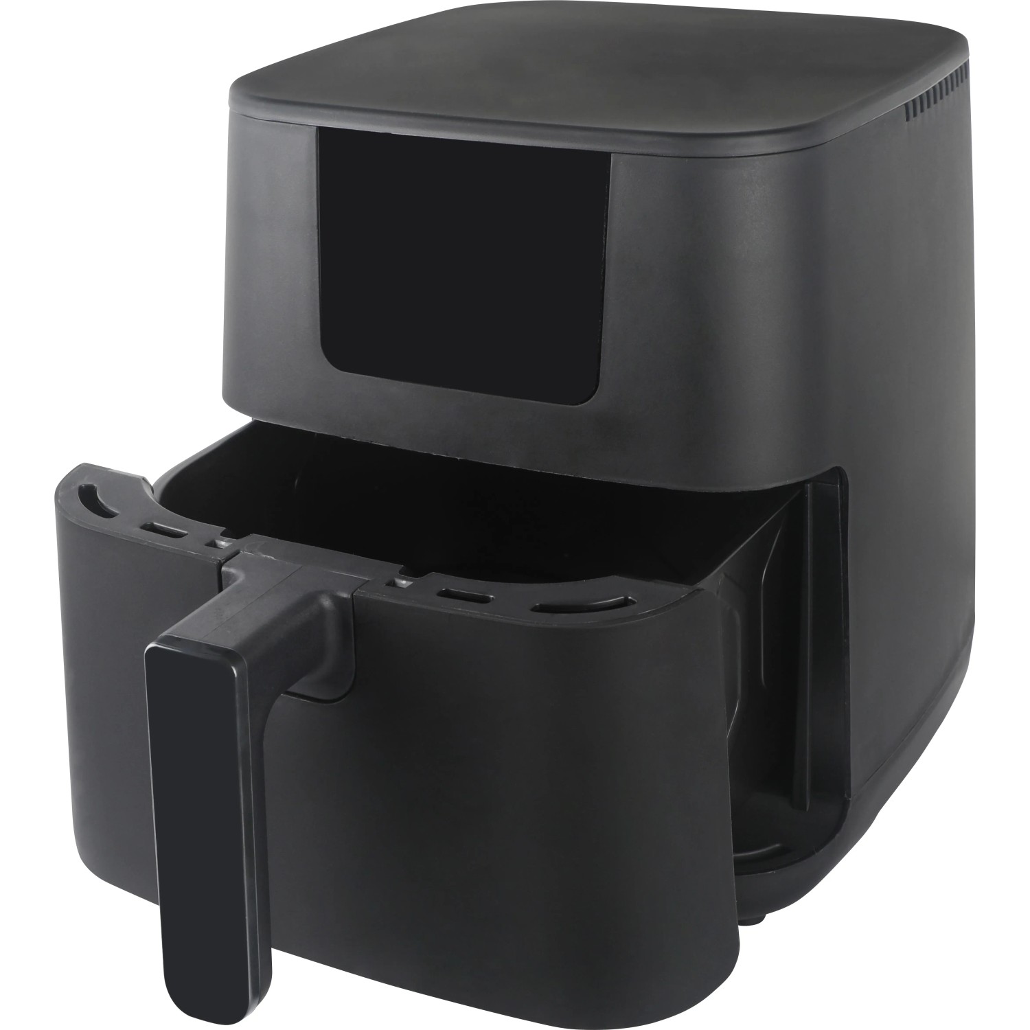 Schwarze Heißluftfritteuse (4,5 l, 1400 W) mit herausgezogenem Frittierkorb.