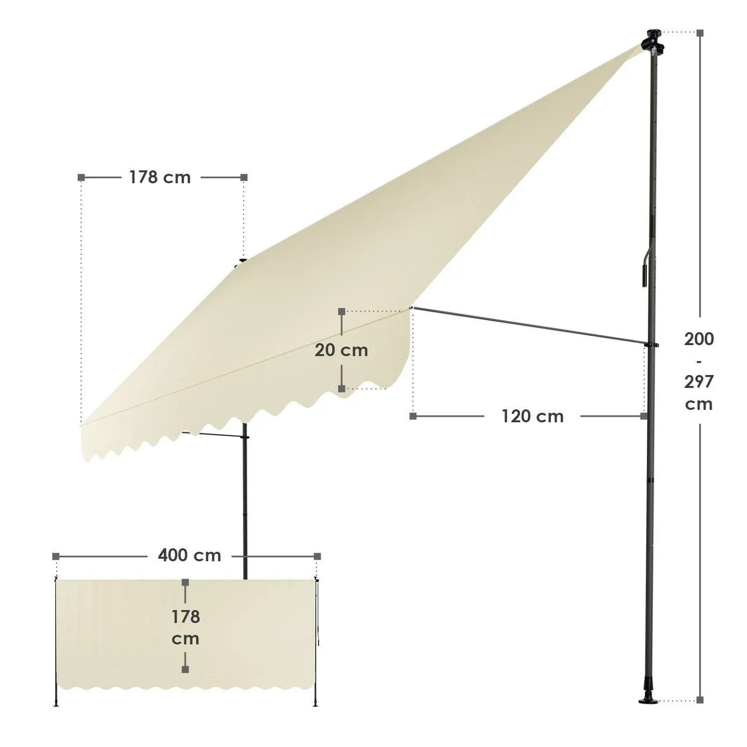 Beige Klemmmarkise Kapstadt 400x120 cm, flexibel einstellbar für Balkon & Terrasse. Sonnenschutz ohne Bohren.