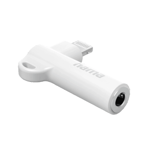 Weißer Hama Aux-Adapter Lightning auf 3,5 mm Klinke mit 90° Winkelstecker.