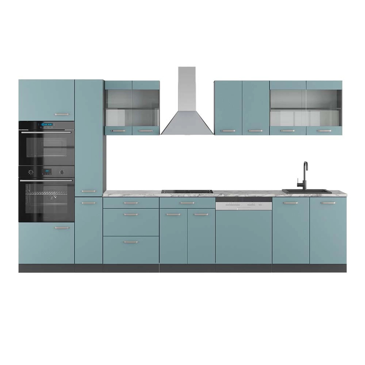 Vicco R-Line Küchenzeile Blau-Grau/Anthrazit 350 cm mit HochschrankAP Marmo günstig online kaufen