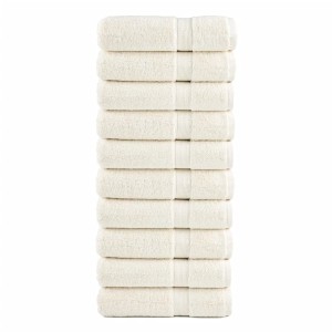 Stapel creme-weißer vidaXL Premium Badetücher, 10 Stück, 100x150 cm, aus 100% Baumwolle.