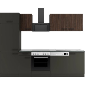 Moderne OBI Küchenzeile Rimini409/Madrid420, 270 cm, Nussbaum/Anthrazit mit E-Geräten.