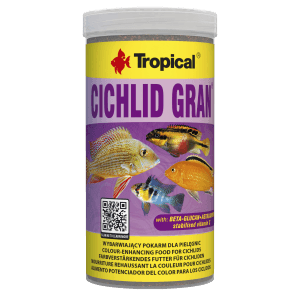 Tropical Cichlid Gran Fischfutter-Granulat, 250 ml Dose mit Cichliden-Abbildung.
