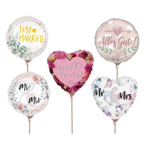 Mehrfarbige Mini Folienballons Hochzeit, 5-fach sortiert, mit Motiven wie "Just Married" und "Mr & Mrs".