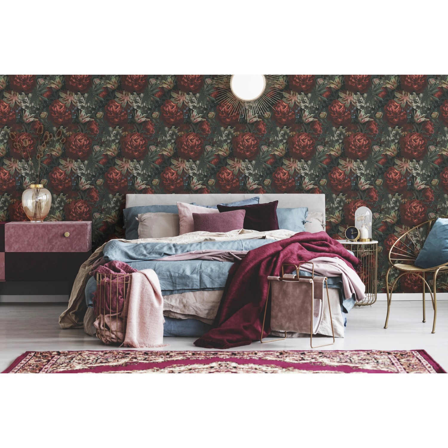 A.S. Création Vliestapete Blumen in Rot und Grün im Schlafzimmer, Dekorative Tapete.