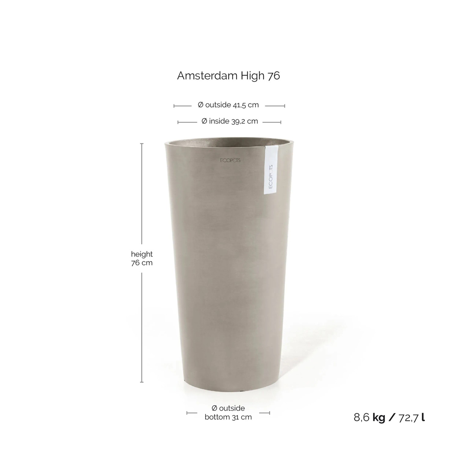 Ecopots Pflanztopf Amsterdam Hoch, taupe, 41x76cm. Pflanzsäule für Innen- und Außenbereich.