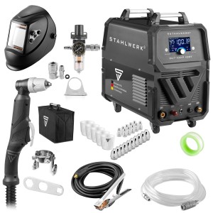 STAHLWERK Plasmaschneider CUT 100 P mit Zubehör: Schweißhelm, Schlauchpaket, Düsen, Elektroden, Massekabel, uvm.