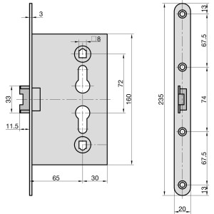 Technische Zeichnung: Basi Sickentürschloss ES 983, PZW-Lochung, abgerundeter Stulp (20 mm), R/L verwendbar.