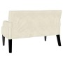 Cremefarbene Chesterfield Sitzbank aus Samt, Rückansicht. Elegante Polsterbank mit dunklen Holzbeinen.