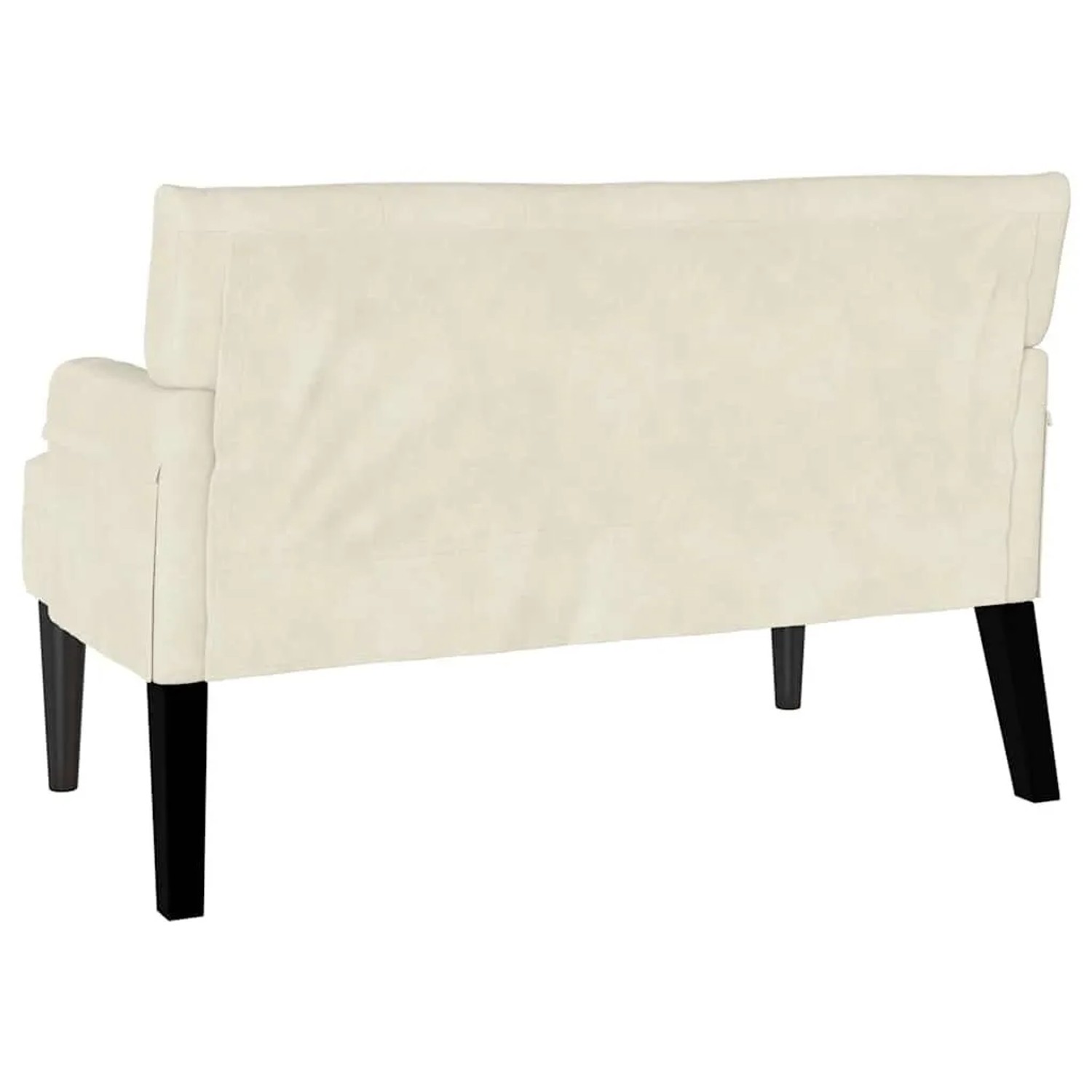 Cremefarbene Chesterfield Sitzbank aus Samt, Rückansicht. Elegante Polsterbank mit dunklen Holzbeinen.