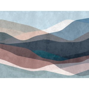 Grafische Vliestapete mit abstraktem Wellenmuster in Blau, Rot und Beige für Schlafzimmer.