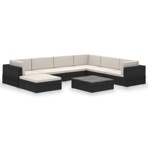 Schwarzes 8-tlg. Garten Lounge Set aus Poly Rattan mit cremeweißen Auflagen und Tisch.