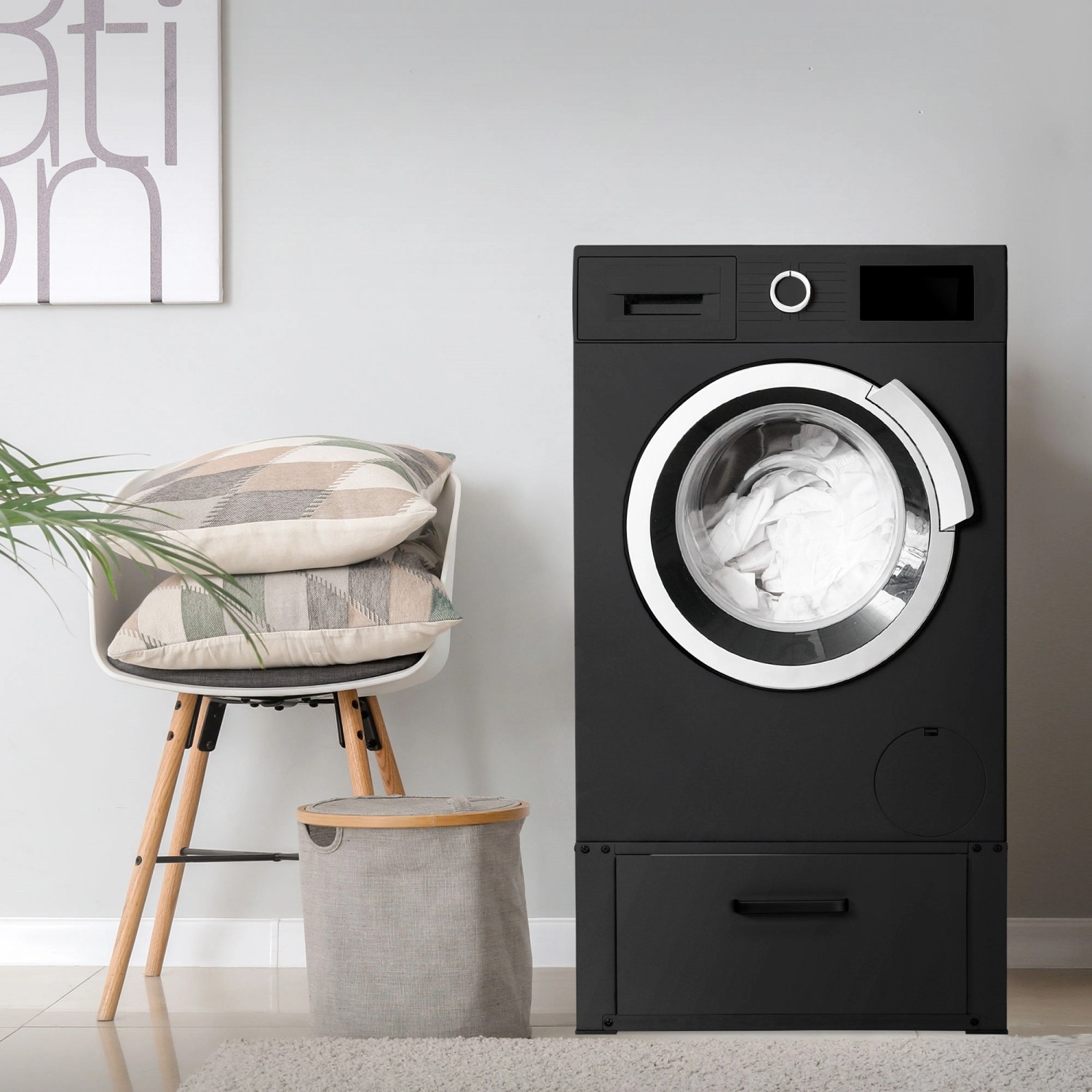 ML-Design Waschmaschinen Untergestell mit Schublade, Stahl schwarz, bis 150kg belastbar.