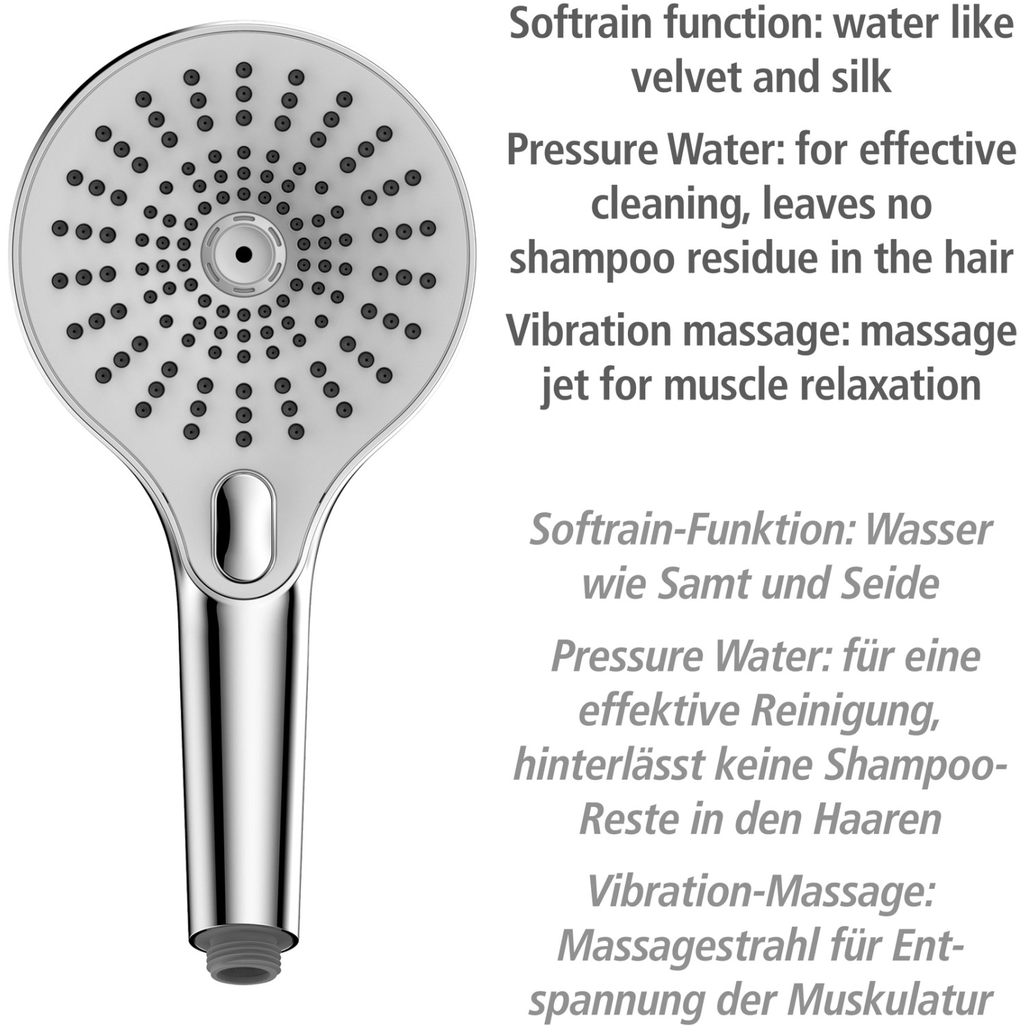 Wenko Duschkopf Ultimate Shower, Chrom/Weiß, Ø 13 cm. Handbrause mit drei Funktionen.