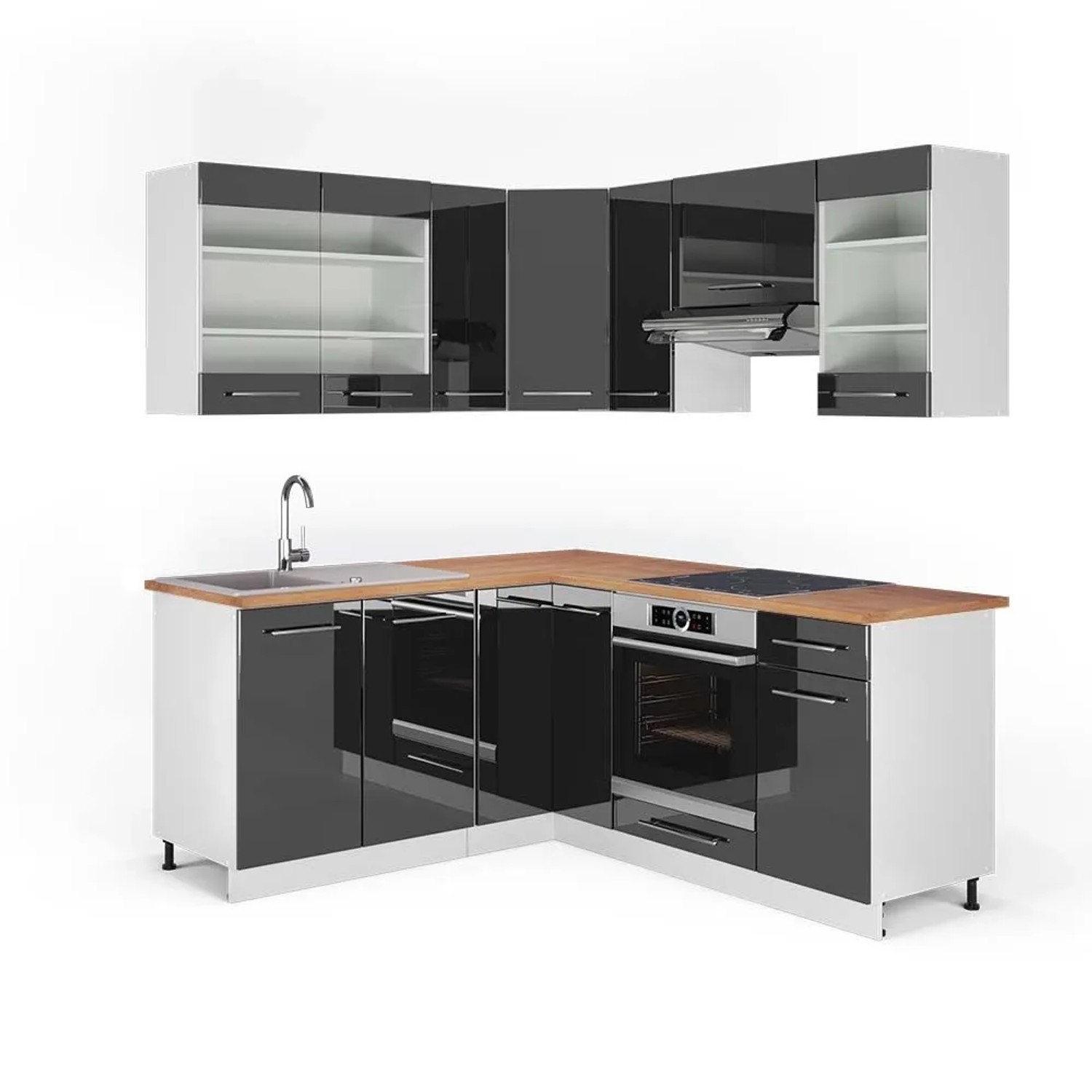 Vicco Eckküche Fame-Line Anthrazit Hochglanz/Weiß 190 x 82, AP Eiche