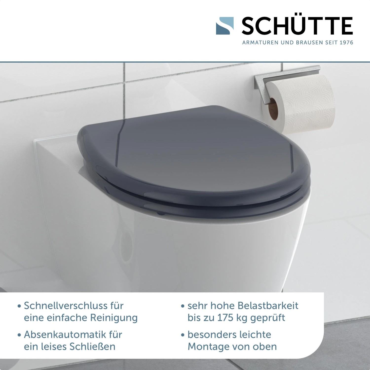 Schütte WC-Sitz Anthrazit Duroplast mit Absenkautomatik auf weißer Toilette.