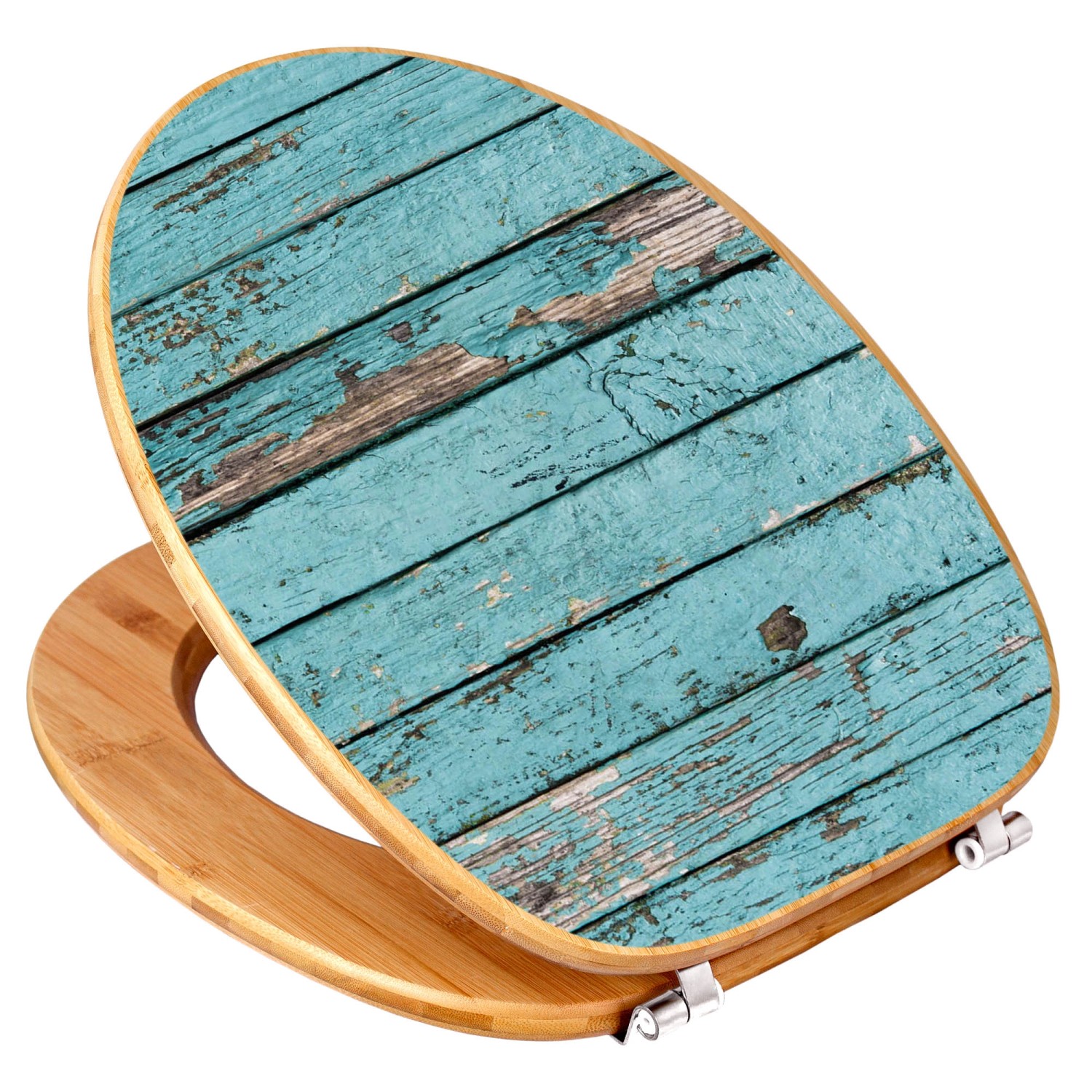 Banjado WC-Sitz aus Bambus mit blauem Holzlatten-Motiv. Toilettendeckel für Standard-WCs.