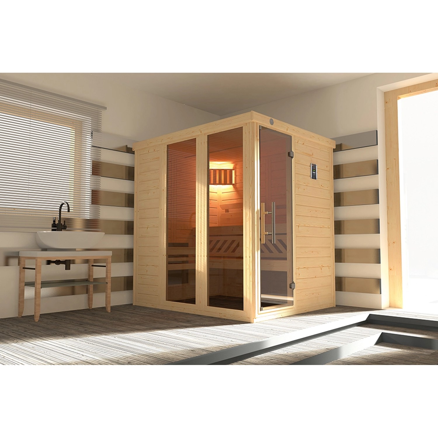 Weka Design-Sauna Kemi Panorama 1 inkl. Saunaofen 75 kW BioS und Farbvisionen