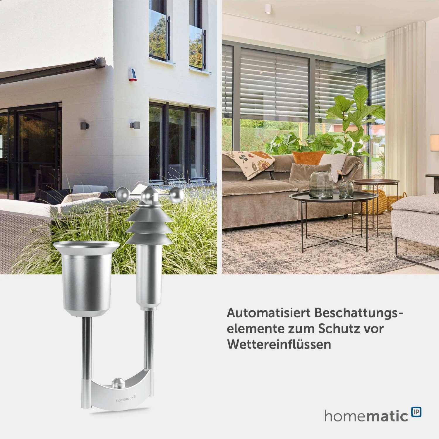 Homematic IP Wettersensor plus, silber, erfasst Wetterdaten. Hausautomation schützt Markisen & Rollläden vor Wind und Regen.