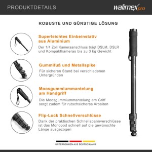 Walimex Pro Aluminium Einbeinstativ mit Schnellverschlüssen, Gummifuß und Handgriff. Robustes Kamerastativ für Fotografie.