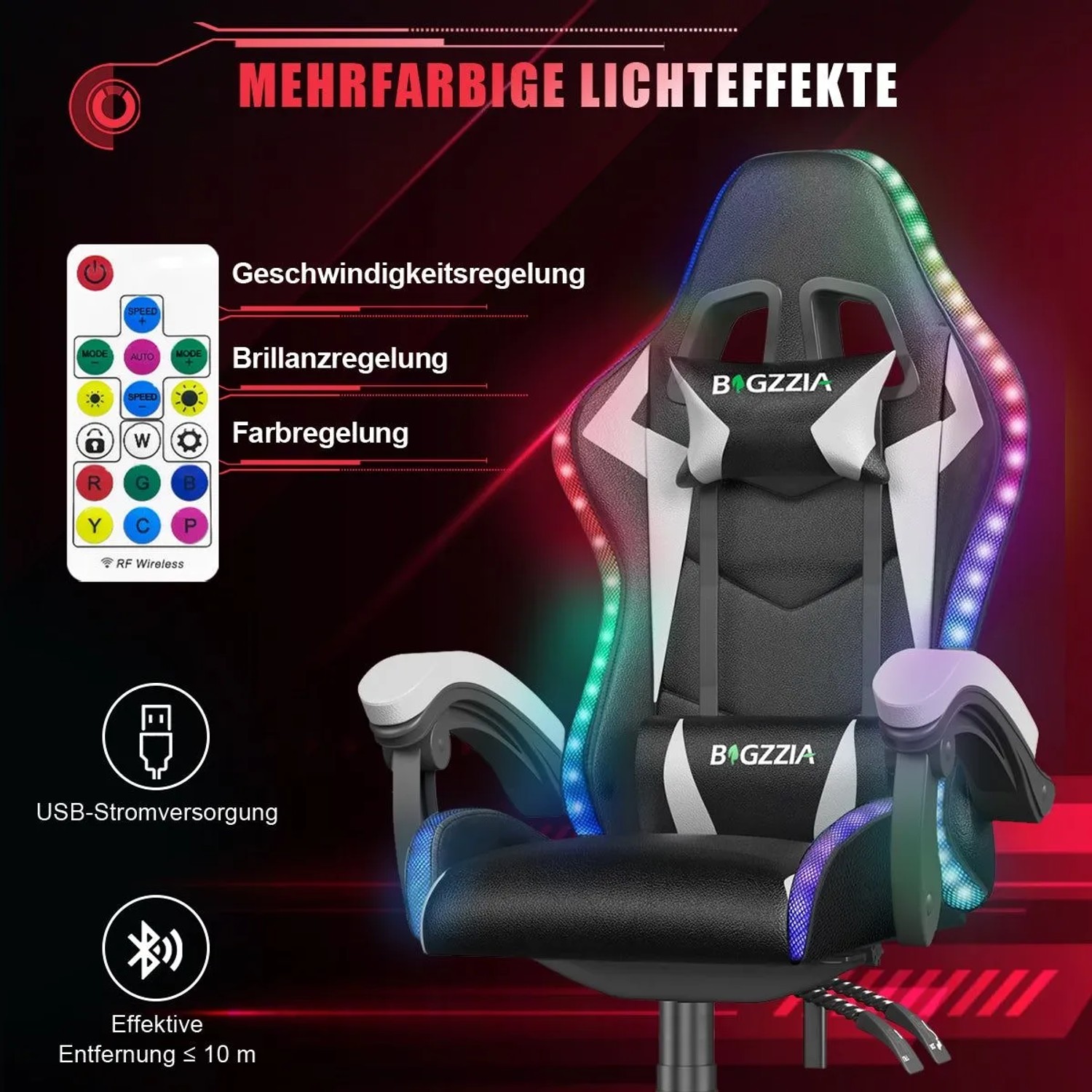 Ergonomischer Gaming Stuhl in Schwarz-Weiß mit mehrfarbiger LED-Beleuchtung, Kopf- und Lendenstütze. Höhenverstellbar für Komfort.
