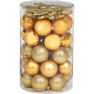 Weihnachtskugel-Set, 50-teilig, Gold: Kugeln und Sterne in transparenter Verpackung.