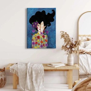 Modernes Wandbild: Frau mit Blumenkopf im Gemälde-Stil. Buntes Leinwandbild für die Wanddekoration.