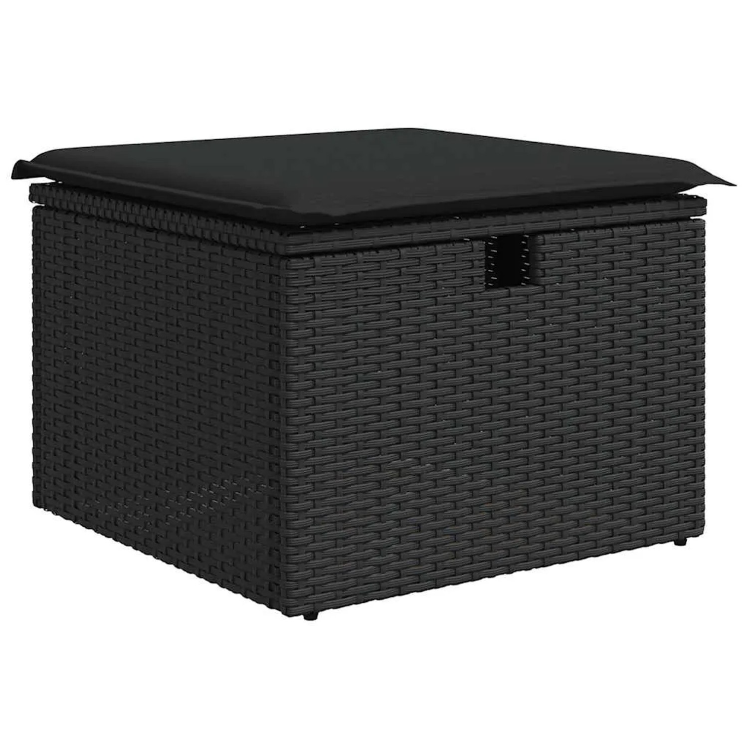Schwarzer vidaXL Gartenmöbel-Fußhocker aus Rattan mit Kissen, Teil der 7-tlg. Sofagarnitur.