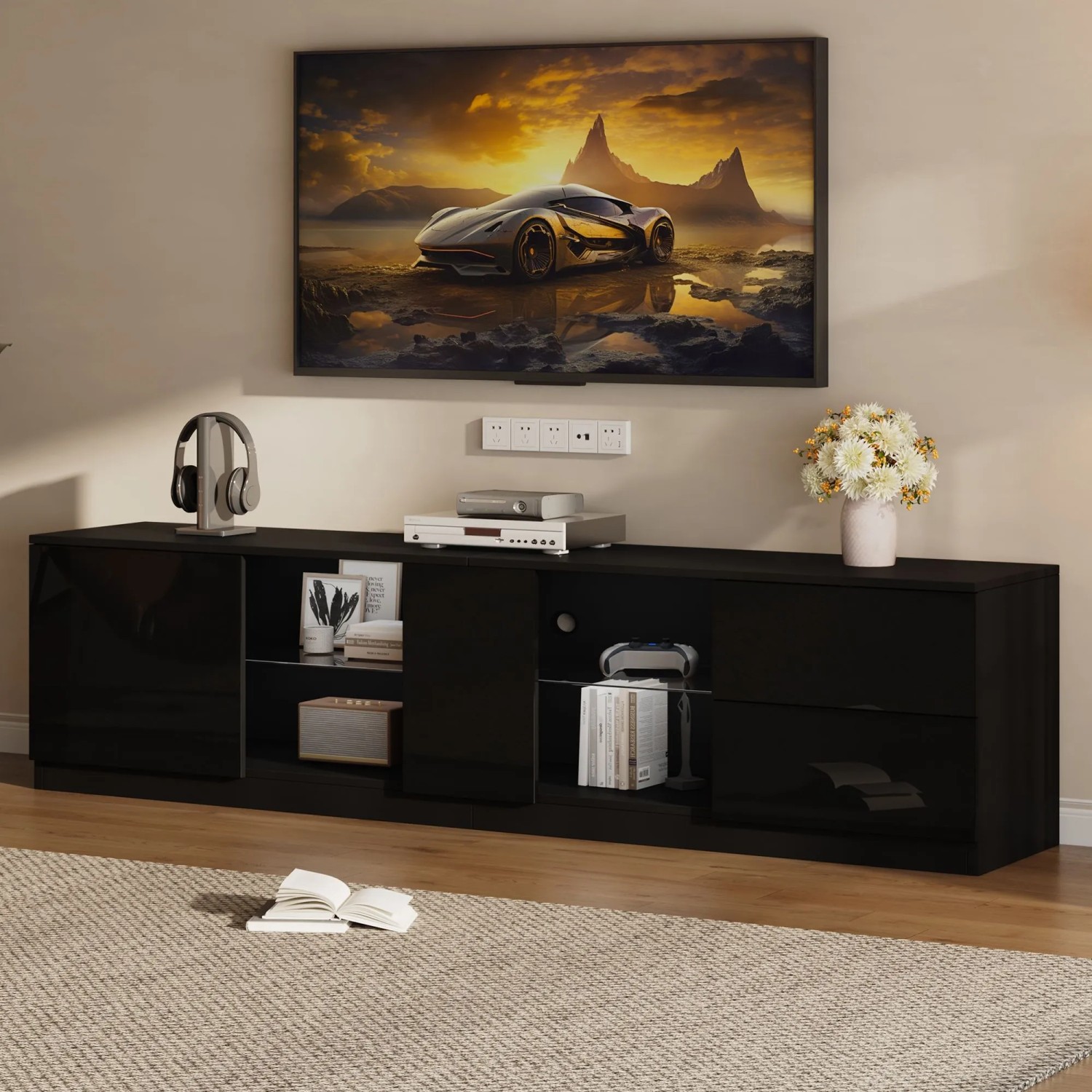 Merax TV Lowboard 160x40x52 cm LED Hochglanz Für 65 Zoll TV Schwarz