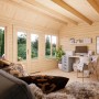Innenansicht: Naturbelassenes Palmako Gartenhaus Claudia Pent mit Fenster und Doppeltür.