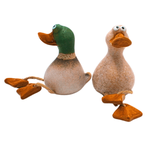 2er Set Deko Entenfiguren aus Steingut, braun, für Garten oder Teich.