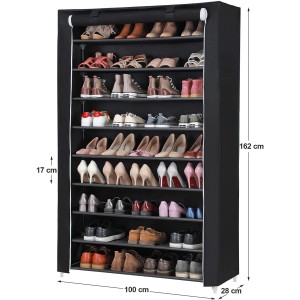 Schuhregal von Songmics mit 10 Ebenen für ca. 54 Paar Schuhe, schwarz.