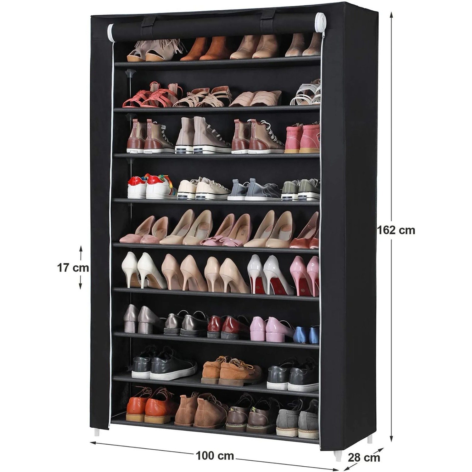 Schuhregal von Songmics mit 10 Ebenen für ca. 54 Paar Schuhe, schwarz.