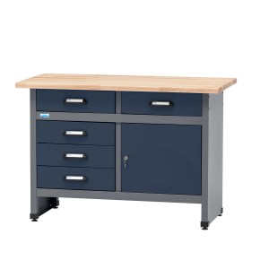 Küpper Werkbank, dunkelblau, mit 5 Schubladen, Tür und Buchenholzplatte. Ideal für Werkstatt & Hobby.