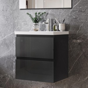 AICA Waschtisch mit Unterschrank, 50 cm, schwarz hochglanz, 2-teiliges Badmöbel Set.