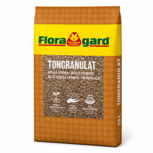 Floragard Blähton/Tongranulat 25L Beutel. Brauner Sack mit gelbem Logo, zeigt Tonkügelchen für Hydrokultur & Drainage.