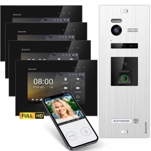 Balter EVO-HD Video-Türsprechanlage mit Fingerprint und App für Einfamilienhaus mit 4x 7 Zoll Monitor Silber-Schwarz