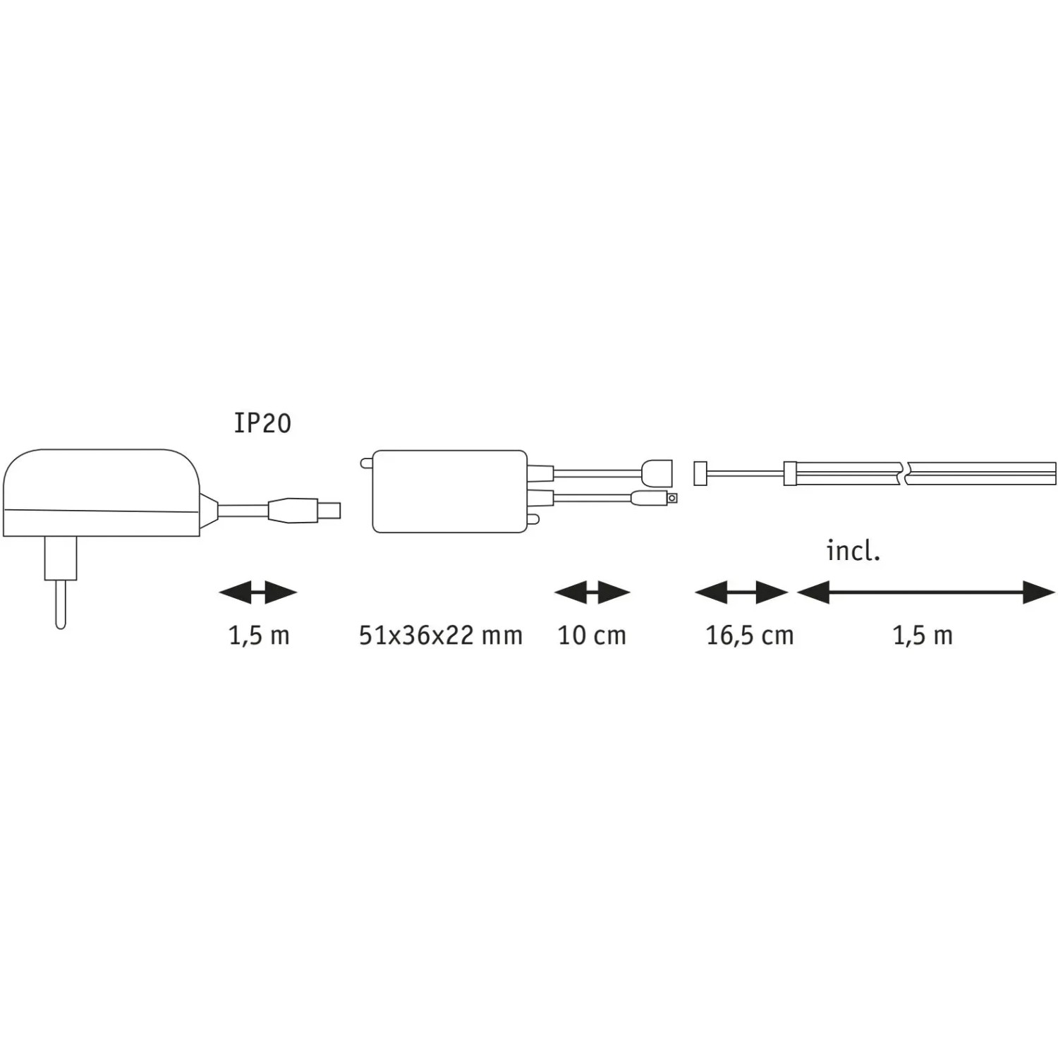Skizze des Paulmann SimpLED LED Strip COB Komplettset 1,5m, Maße und IP20 Schutzart.