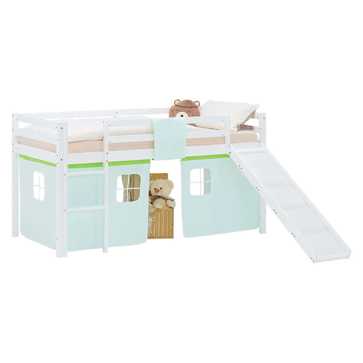 Homestyle4u Kinder Hochbett 90x200 Rutsche Lattenrost Vorhang Grün Kinderbett 2974