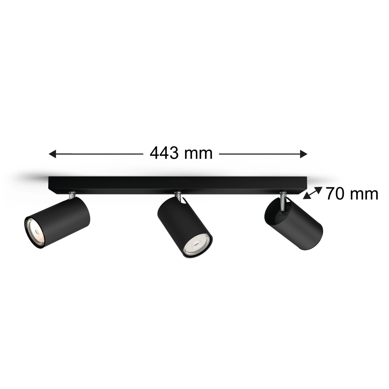 Schwarzer Philips Kosipo 3-Flammen Spot, 443x70 mm, mit drehbaren zylindrischen Leuchten für gezielte Beleuchtung.