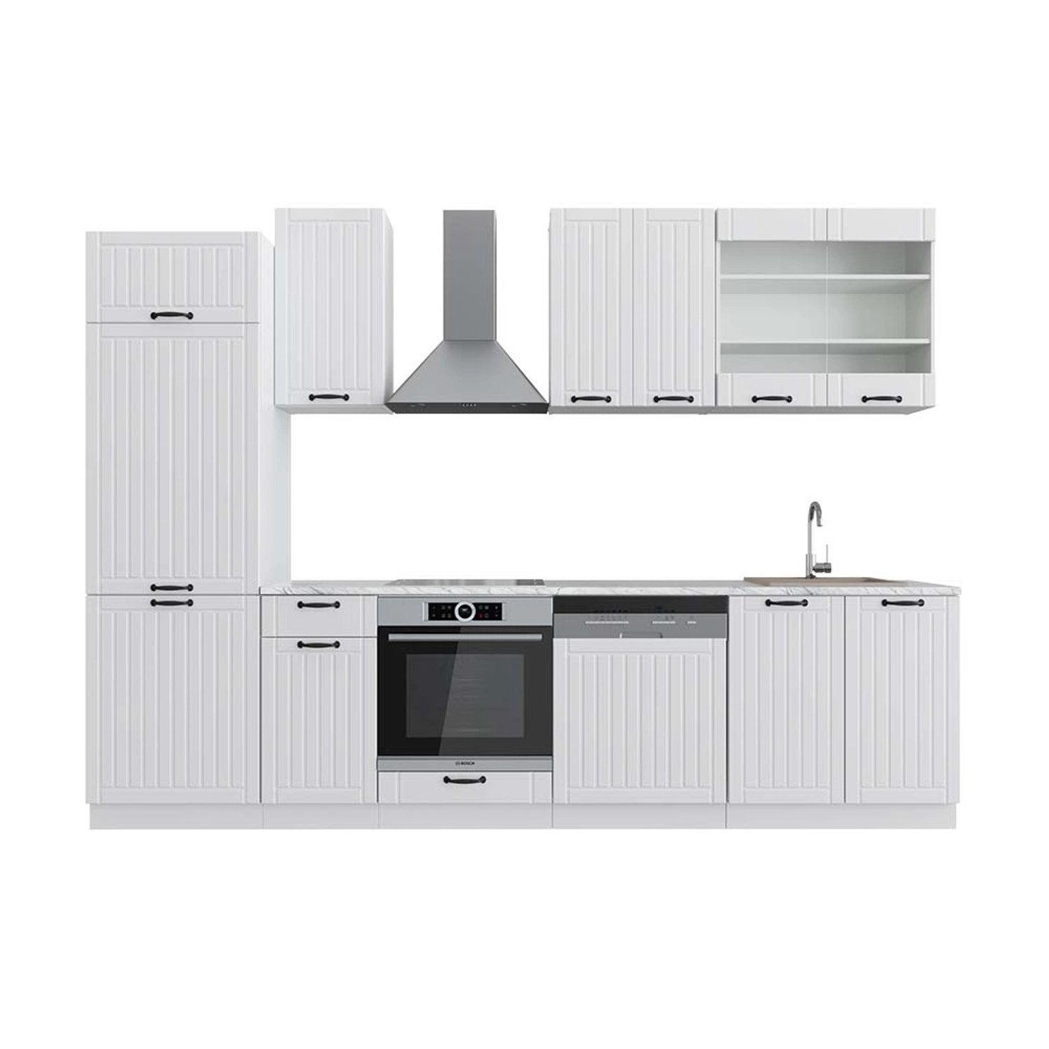 Vicco Fame-Line Küchenzeile Weiß Landhaus/Weiß 300 cm AP Marmor günstig online kaufen