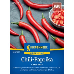 Kiepenkerl Chili-Paprika Carla Rot F1-Hybride, rote, schlanke Schoten und Packung.